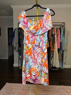 Off-Shoulder Tropical Print Mini Dress in Orange